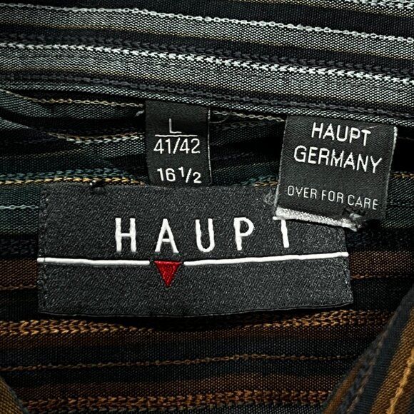 HAUPT Button Up Shirt Mens 16.5 L Germany Striped Long Sleeve Cotton Blue Brown - Picture 5 of 6
